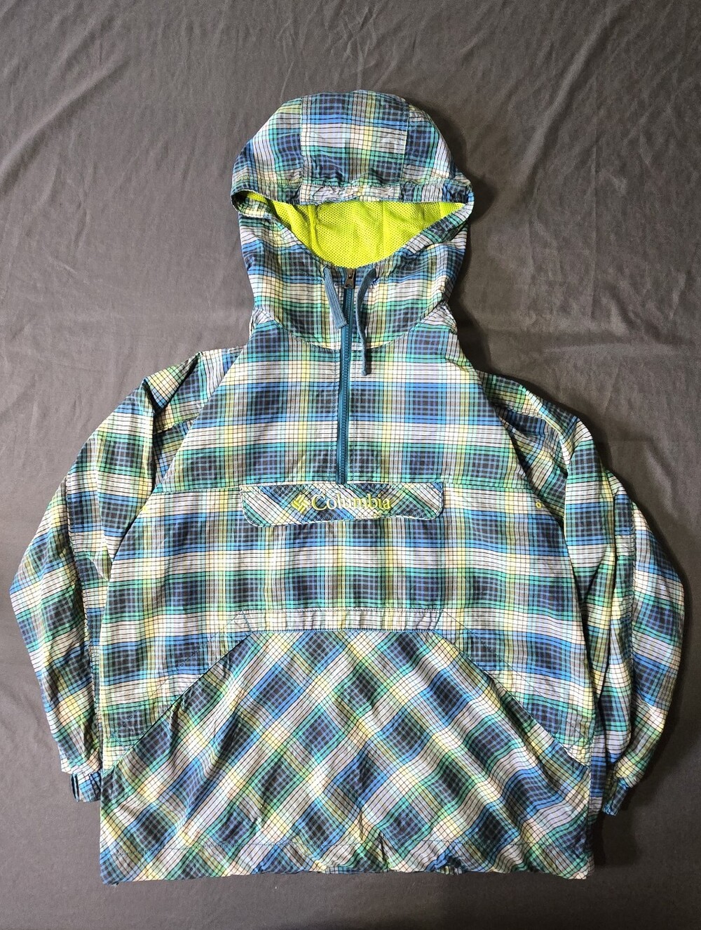 Columbia Plaid Hooded Pullover in Blue, Green & Lime